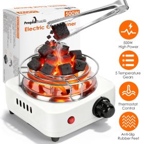 Electric Charcoal Burner 500W Hookah Charcoal Burner Compact Coal Burner for Hooka Cubes Shisha with Grill and Tongs 5 Temperature Gears Thermost (Color: White)